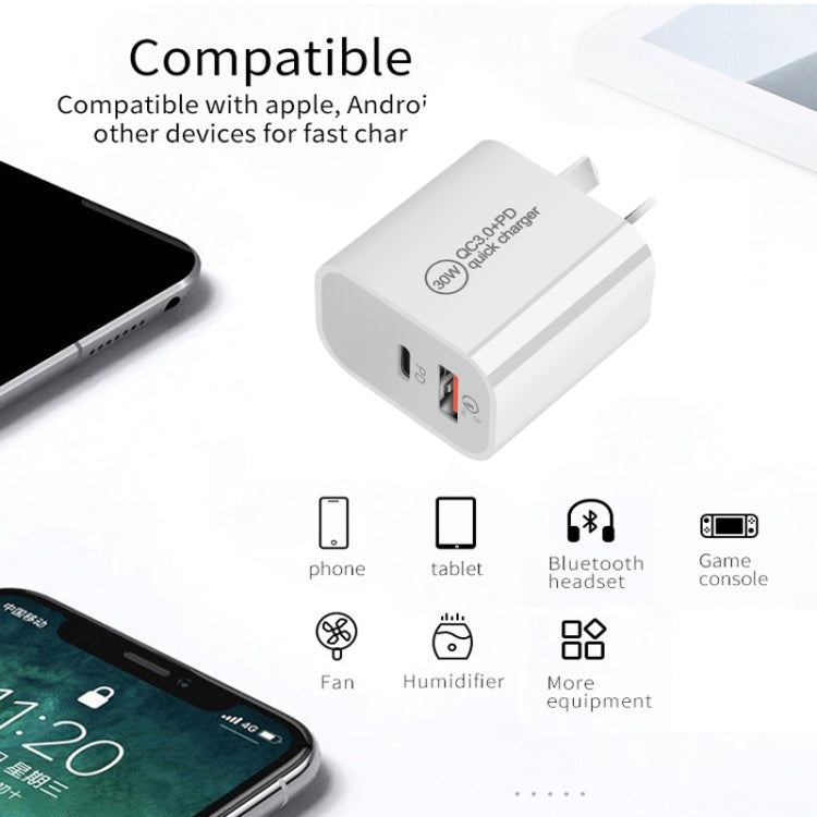 PD30W USB-C / Type-C + QC3.0 USB Dual Port Charger with 1m USB to 8 Pin Data Cable, US Plug - USB Charger by PMC Jewellery | Online Shopping South Africa | PMC Jewellery | Buy Now Pay Later Mobicred