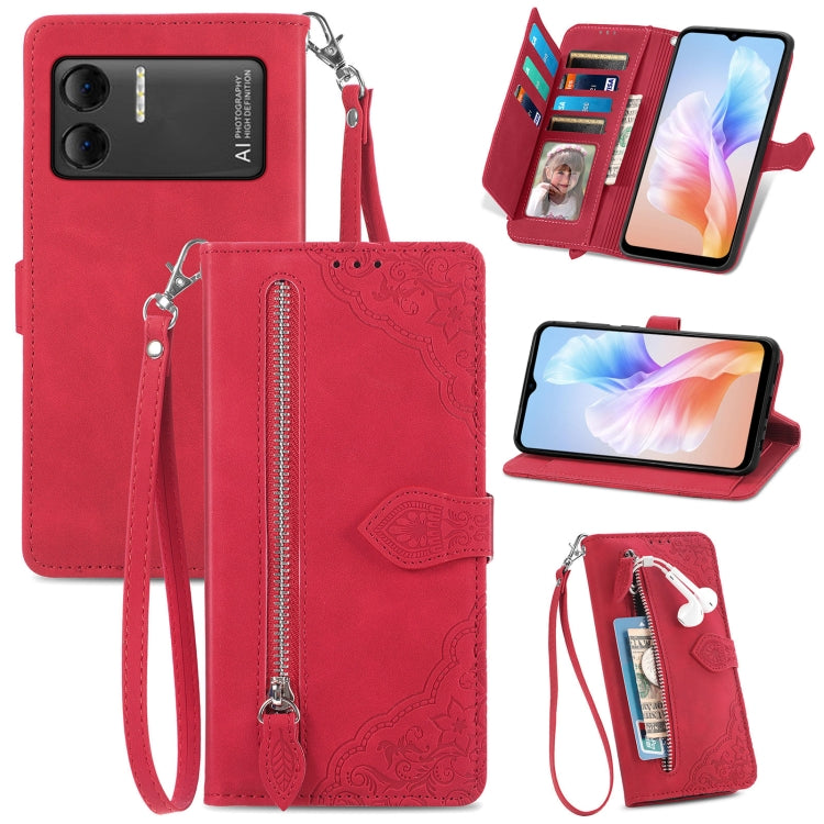 For DOOGEE X98 Pro / X98 Embossed Flower Zipper Leather Phone Case(Red) - Doogee Cases by PMC TechLife | Online Shopping South Africa | PMC TechLife | Buy Now Pay Later Mobicred