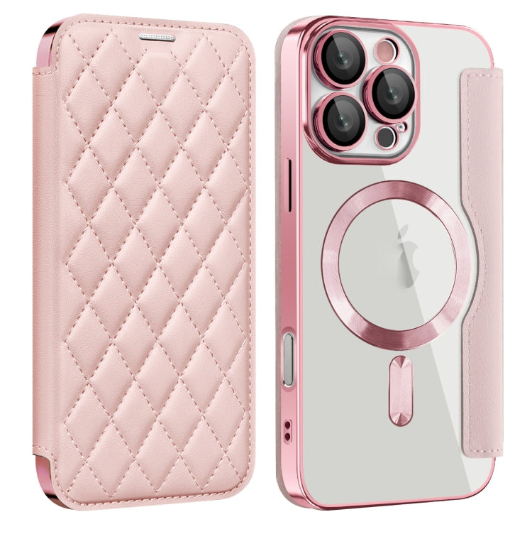 For iPhone 16 Pro Shield Magsafe RFID Anti-theft Rhombus Leather Phone Case(Pink) - free shipping - PMC TechLife - Order now!