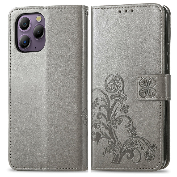 For Blackview A96 Four-leaf Clasp Embossed Buckle Leather Phone Case(Gray) - More Brand by PMC Jewellery | Online Shopping South Africa | PMC Jewellery