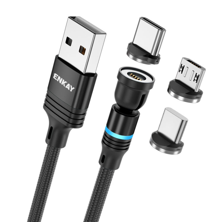 ENKAY 3 in 1 3A USB to Type-C / 8 Pin / Micro USB Magnetic 540 Degrees Rotating Fast Charging Cable, Length:1m(Black) - Charging Cable & Head by ENKAY | Online Shopping South Africa | PMC Jewellery | Buy Now Pay Later Mobicred