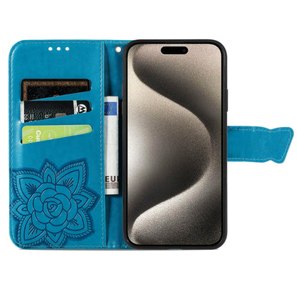 For iPhone 16 Butterfly Love Flower Embossed Leather Phone Case(Blue) - iPhone 16 Cases by PMC Jewellery | Online Shopping South Africa | PMC Jewellery | Buy Now Pay Later Mobicred