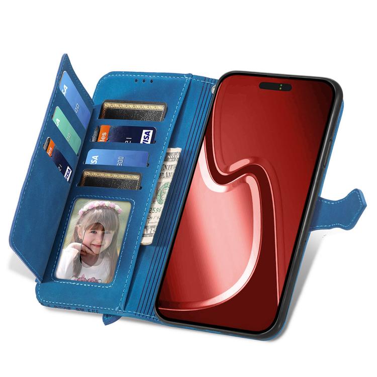 For iPhone 16e Embossed Flower Zipper Leather Phone Case(Blue) - iPhone 16e Cases by PMC TechLife | Online Shopping South Africa | PMC TechLife | Buy Now Pay Later Mobicred