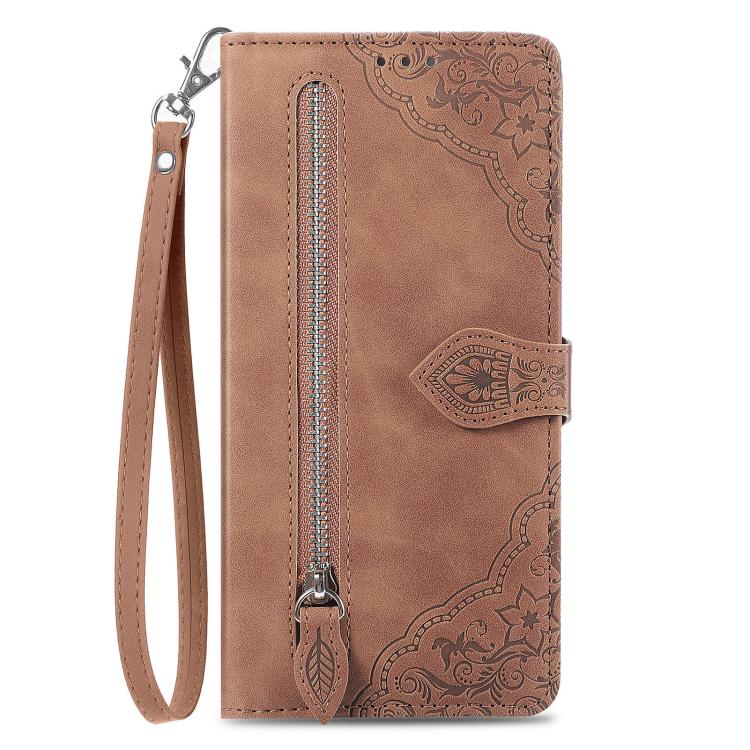 For iPhone 16e Embossed Flower Zipper Leather Phone Case(Brown) - iPhone 16e Cases by PMC TechLife | Online Shopping South Africa | PMC TechLife | Buy Now Pay Later Mobicred
