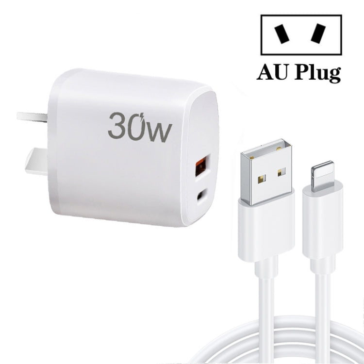 PD30W USB-C / Type-C + QC3.0 USB Charger with 1m USB to 8 Pin Data Cable, AU Plug(White) - free shipping - PMC Jewellery - Order now!