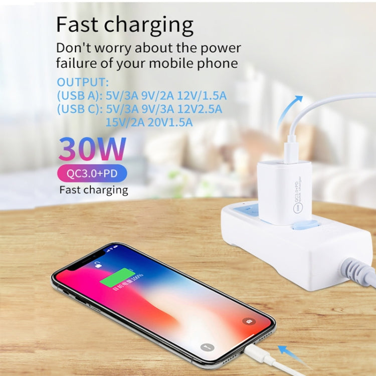 PD30W USB-C / Type-C + QC3.0 USB Charger with 1m USB to 8 Pin Data Cable, AU Plug(White) - free shipping - PMC Jewellery - Order now!