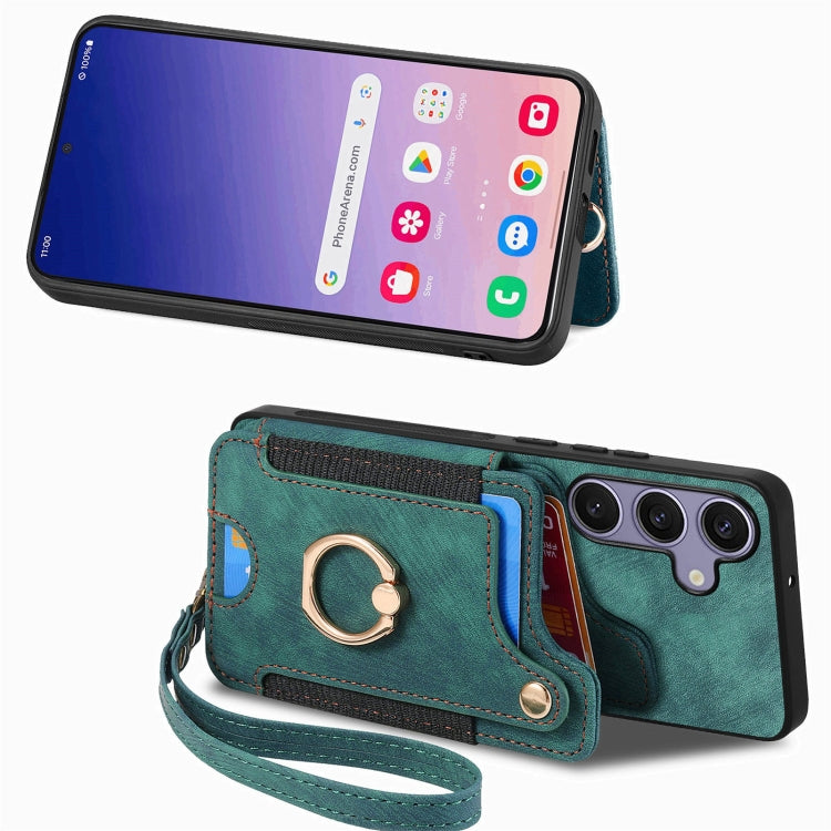 For Samsung Galaxy S25 5G Retro Skin-feel Ring Multi-card Wallet Phone Case(Green) - Galaxy S25 5G Cases by PMC Jewellery | Online Shopping South Africa | PMC Jewellery | Buy Now Pay Later Mobicred