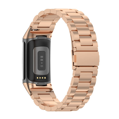 For Fitbit Charge 6 Three Beads Stainless Steel Metal Watch Band(Rose Gold) - Watch Bands by PMC Jewellery | Online Shopping South Africa | PMC Jewellery | Buy Now Pay Later Mobicred