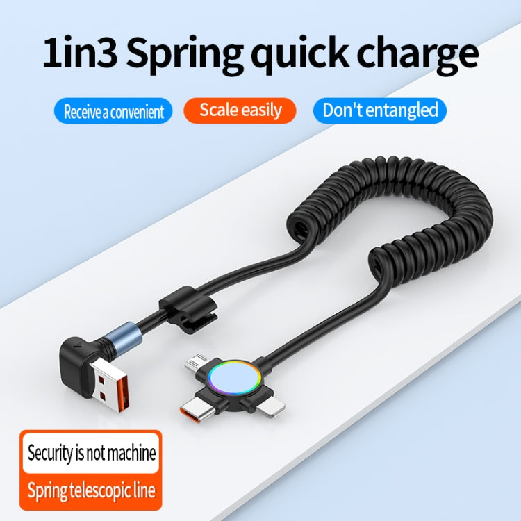 66W 3 in 1 USB to 8 Pin + Micro USB + USB-C / Type-C Fast Charging Elbow Spring Cable(Black) - Multifunction Cable by PMC Jewellery | Online Shopping South Africa | PMC Jewellery | Buy Now Pay Later Mobicred