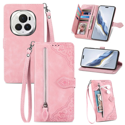 For Honor Magic6 Pro Embossed Flower Zipper Leather Phone Case(Pink) - Honor Cases by PMC Jewellery | Online Shopping South Africa | PMC Jewellery | Buy Now Pay Later Mobicred