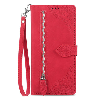 For Honor Magic6 Pro Embossed Flower Zipper Leather Phone Case(Red) - Honor Cases by PMC Jewellery | Online Shopping South Africa | PMC Jewellery | Buy Now Pay Later Mobicred