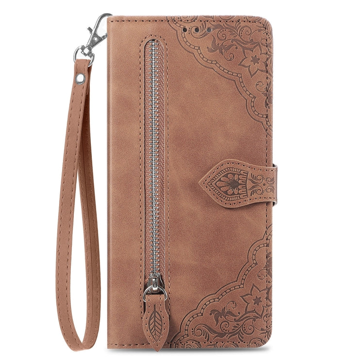 For Honor Magic6 Pro Embossed Flower Zipper Leather Phone Case(Brown) - Honor Cases by PMC Jewellery | Online Shopping South Africa | PMC Jewellery | Buy Now Pay Later Mobicred