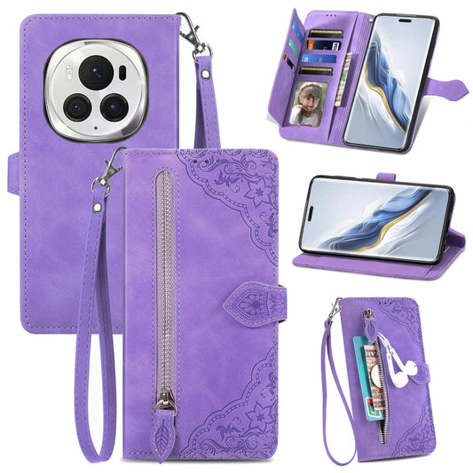 For Honor Magic6 Pro Embossed Flower Zipper Leather Phone Case(Purple) - Honor Cases by PMC Jewellery | Online Shopping South Africa | PMC Jewellery | Buy Now Pay Later Mobicred