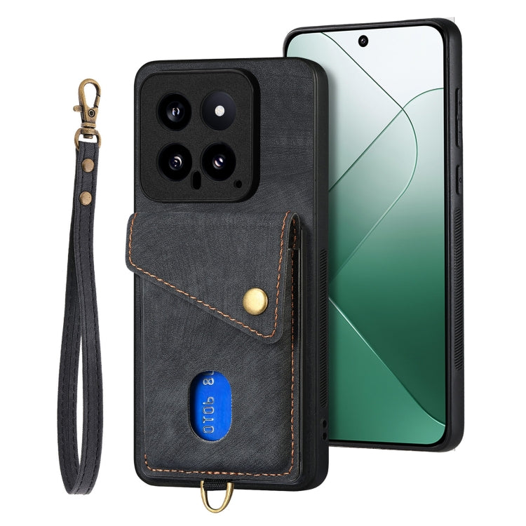 For Xiaomi 14 Retro Card Wallet Fold Leather Phone Case with Strap(Black) - 14 Cases by PMC TechLife | Online Shopping South Africa | PMC TechLife | Buy Now Pay Later Mobicred