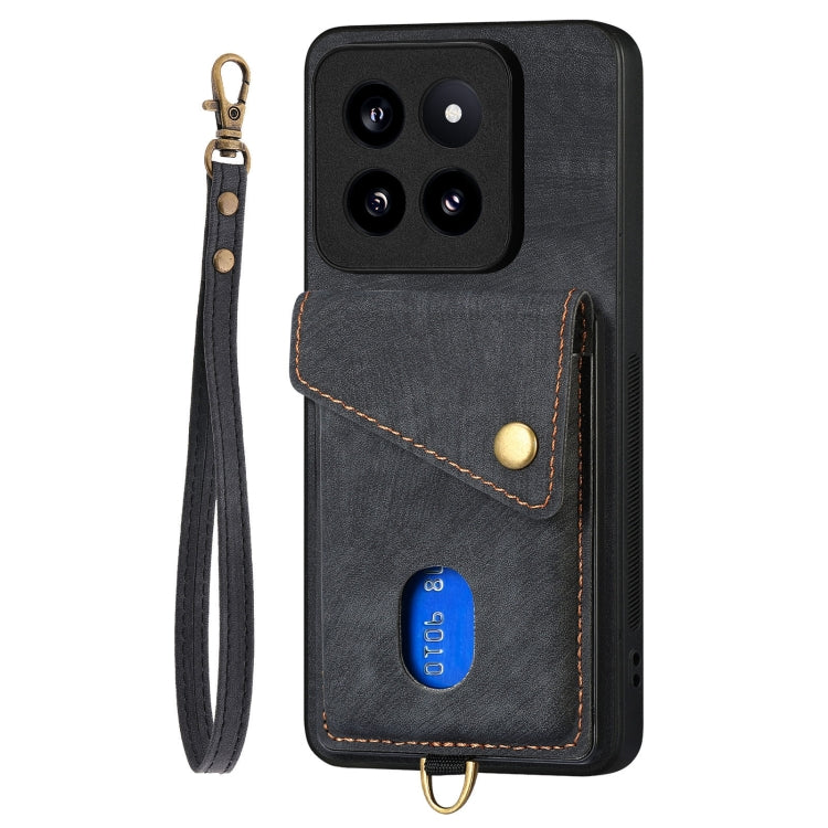 For Xiaomi 14 Pro Retro Card Wallet Fold Leather Phone Case with Strap(Black) - 14 Pro Cases by PMC Jewellery | Online Shopping South Africa | PMC Jewellery | Buy Now Pay Later Mobicred