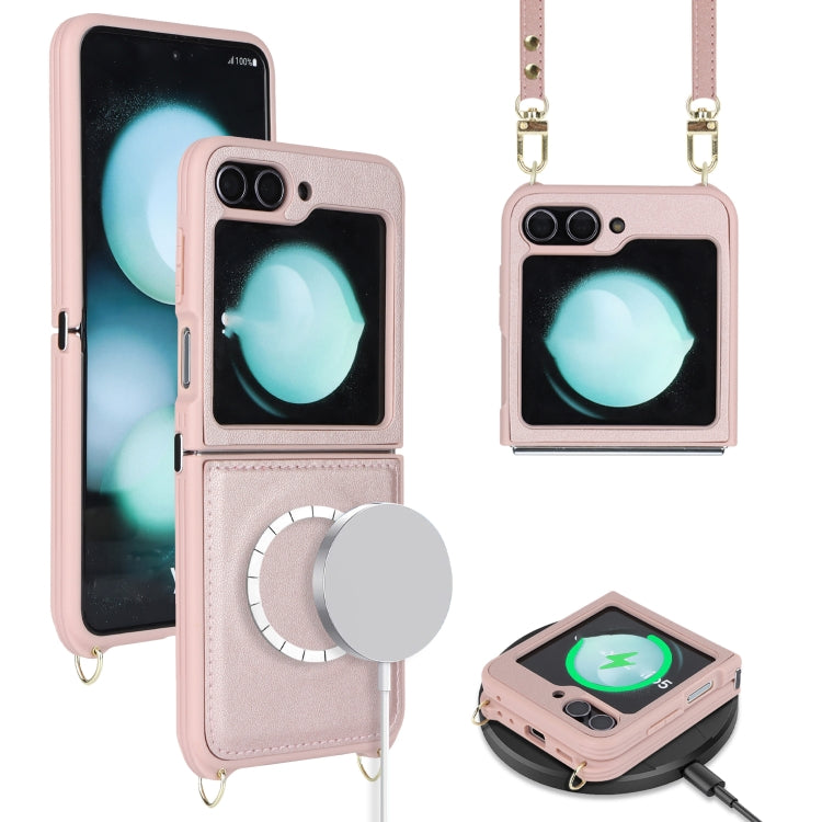 For Samsung Galaxy Z Flip5 5G Crossbody R20 Texture Leather Magsafe Phone Case(Pink) - Galaxy Z Flip5 Cases by PMC Jewellery | Online Shopping South Africa | PMC Jewellery