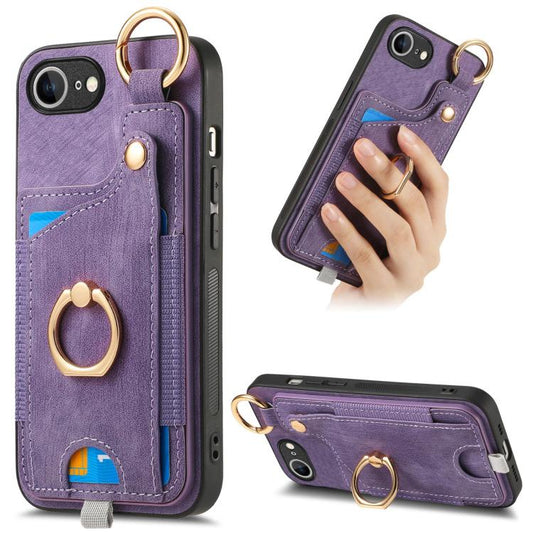 For iPhone 16e Retro Skin-feel Ring Card Bag Phone Case with Hang Loop(Purple) - iPhone 16e Cases by PMC Jewellery | Online Shopping South Africa | PMC Jewellery | Buy Now Pay Later Mobicred