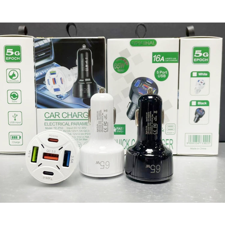 TE-P50 65W PD30W Type-C x 2 + USB x 3 Multi Port Car Charger with 1m Type-C to Type-C Data Cable(White) - Car Charger by PMC TechLife | Online Shopping South Africa | PMC TechLife | Buy Now Pay Later Mobicred