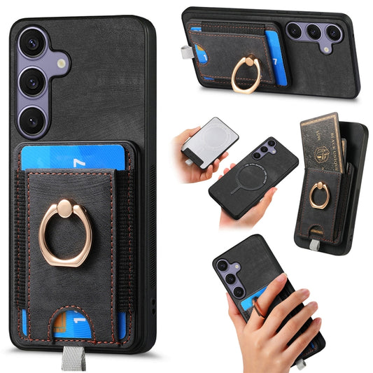 For Samsung Galaxy S25 5G Retro Splitable Magnetic Card Bag Leather Phone Case(Black) - Galaxy Phone Cases by PMC Jewellery | Online Shopping South Africa | PMC Jewellery | Buy Now Pay Later Mobicred