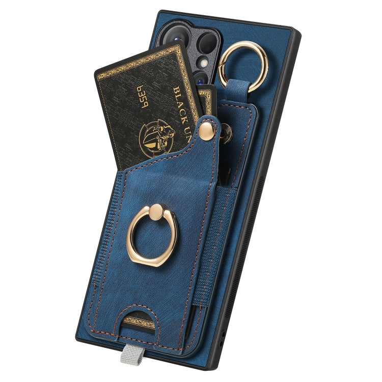 For Samsung Galaxy S24 Ultra 5G Retro Skin-feel Ring Card Bag Phone Case with Hang Loop(Blue) - Galaxy S24 Ultra 5G Cases by PMC Jewellery | Online Shopping South Africa | PMC Jewellery | Buy Now Pay Later Mobicred