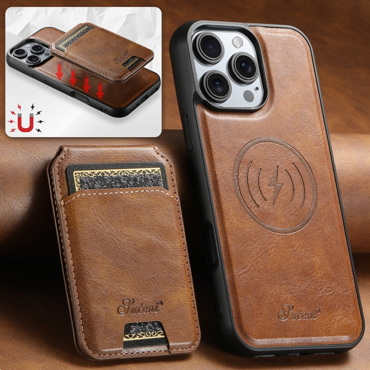 For iPhone 16 Suteni H15 MagSafe Oil Eax Leather Detachable Wallet Back Phone Case(Brown) - iPhone 16 Cases by Suteni | Online Shopping South Africa | PMC Jewellery | Buy Now Pay Later Mobicred