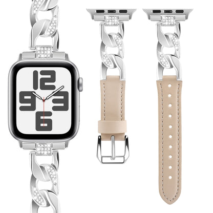 For Apple Watch Series 4 40mm Rhinestone Denim Chain Leather Watch Band(Apricot) - Watch Bands by PMC Jewellery | Online Shopping South Africa | PMC Jewellery