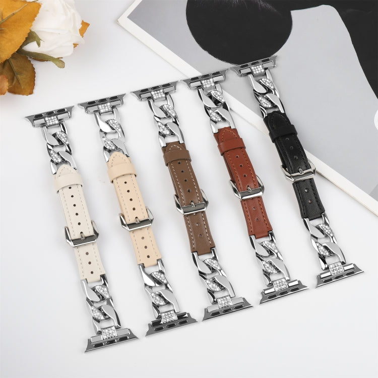 For Apple Watch Series 3 42mm Rhinestone Denim Chain Leather Watch Band(Brown) - Watch Bands by PMC Jewellery | Online Shopping South Africa | PMC Jewellery