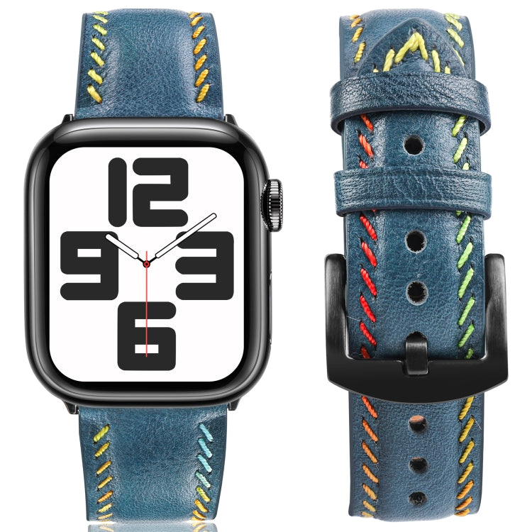 For Apple Watch SE 2022 44mm Colorful Sewing Thread Leather Watch Band(Blue) - Watch Bands by PMC TechLife | Online Shopping South Africa | PMC TechLife