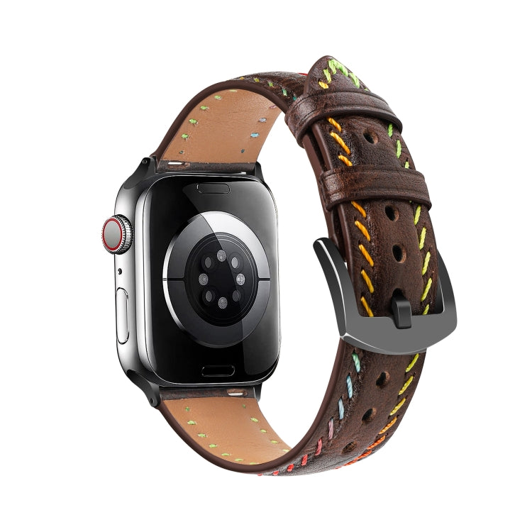 For Apple Watch Series 6 44mm Colorful Sewing Thread Leather Watch Band(Dark Brown) - Watch Bands by PMC Jewellery | Online Shopping South Africa | PMC Jewellery