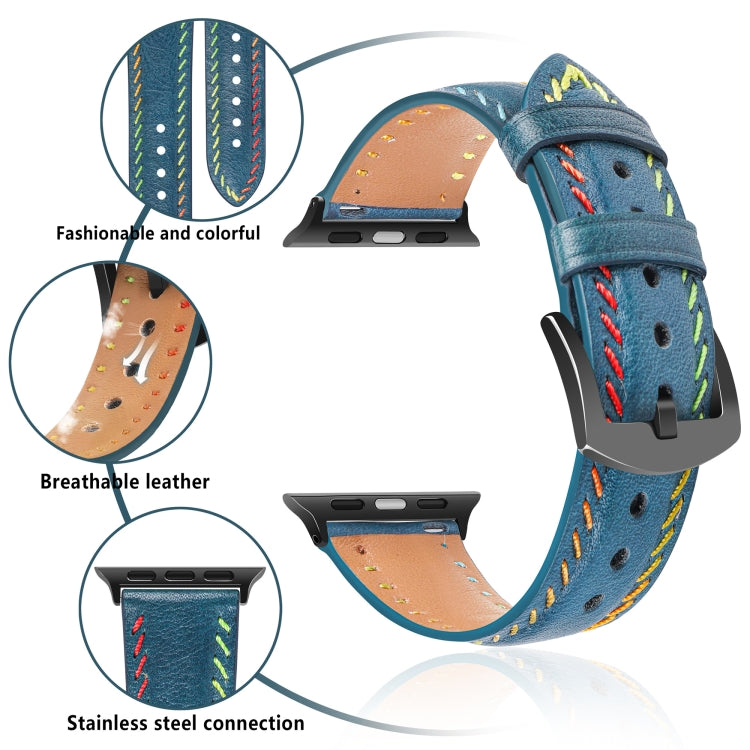 For Apple Watch Series 3 38mm Colorful Sewing Thread Leather Watch Band(Blue) - Watch Bands by PMC Jewellery | Online Shopping South Africa | PMC Jewellery