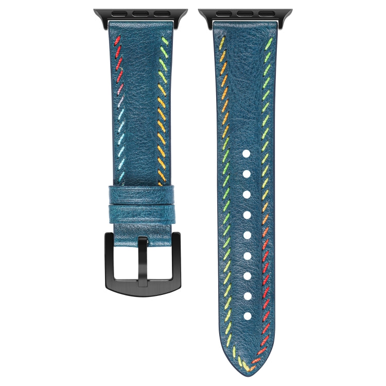 For Apple Watch Series 3 38mm Colorful Sewing Thread Leather Watch Band(Blue) - Watch Bands by PMC TechLife | Online Shopping South Africa | PMC TechLife