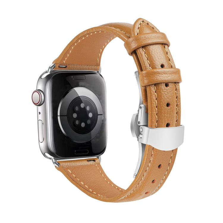 For Apple Watch Ultra 49mm Plain Leather Butterfly Buckle Watch Band(Brown+Silver) - free shipping - PMC TechLife - Order now!