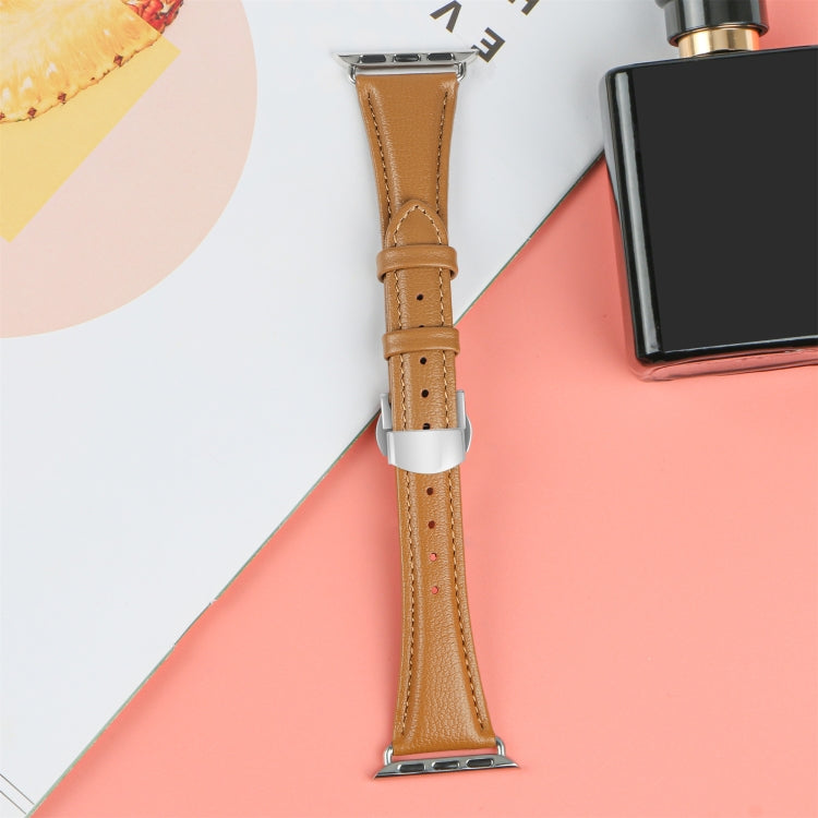 For Apple Watch Series 3 38mm Plain Leather Butterfly Buckle Watch Band(Brown+Silver) - free shipping - PMC TechLife - Order now!