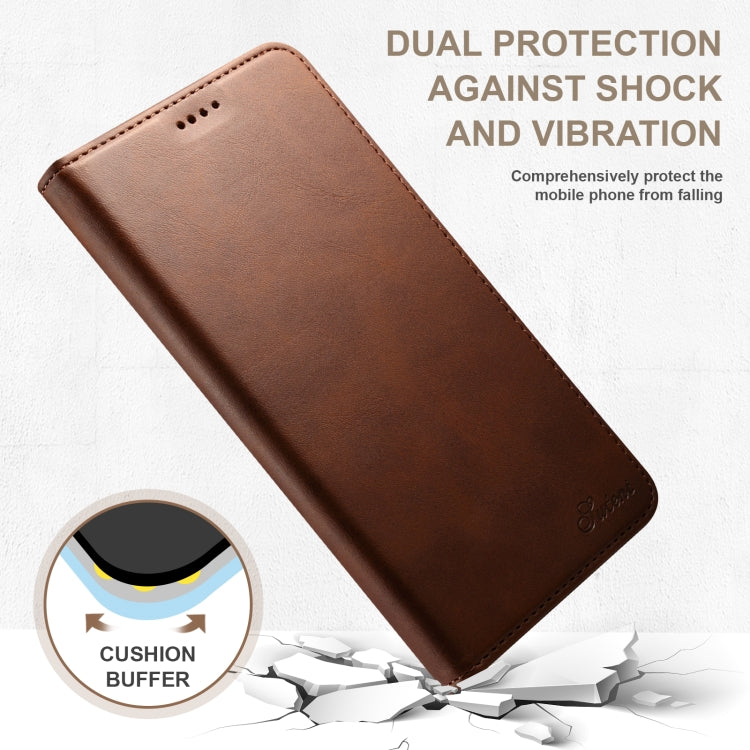 For iPhone 16 Suteni Calf Texture Horizontal Flip Leather Phone Case(Brown) - iPhone 16 Cases by Suteni | Online Shopping South Africa | PMC Jewellery | Buy Now Pay Later Mobicred