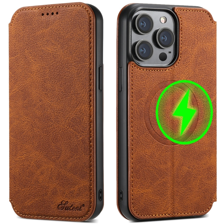 For iPhone 15 Suteni J06 Retro Matte Litchi Texture Leather MagSafe Phone Case(Khaki) - iPhone 15 Cases by Suteni | Online Shopping South Africa | PMC Jewellery | Buy Now Pay Later Mobicred