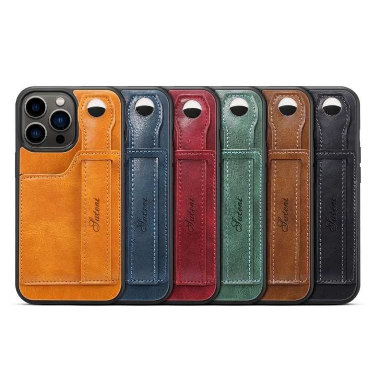 For iPhone 15 Pro Max SUTENI H12 Wrist Strap Leather Back Phone Case with Card Slot(Black) - iPhone 15 Pro Max Cases by Suteni | Online Shopping South Africa | PMC Jewellery | Buy Now Pay Later Mobicred