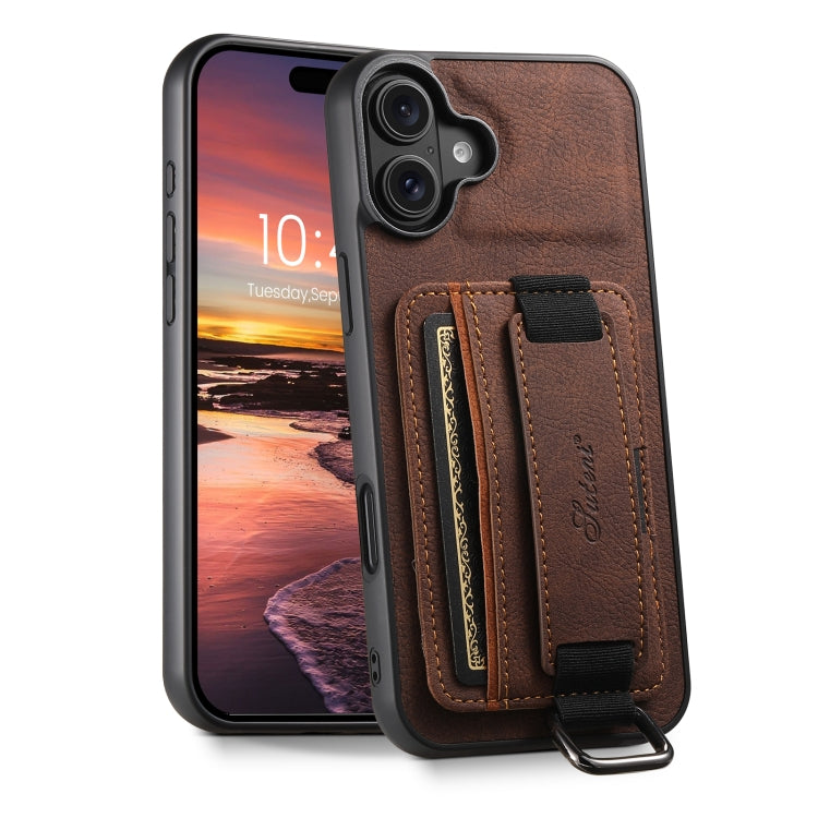 For iPhone 16 Plus Suteni H13 Litchi Leather Wrist Strap Wallet Back Phone Case(Brown) - iPhone 16 Plus Cases by Suteni | Online Shopping South Africa | PMC Jewellery | Buy Now Pay Later Mobicred