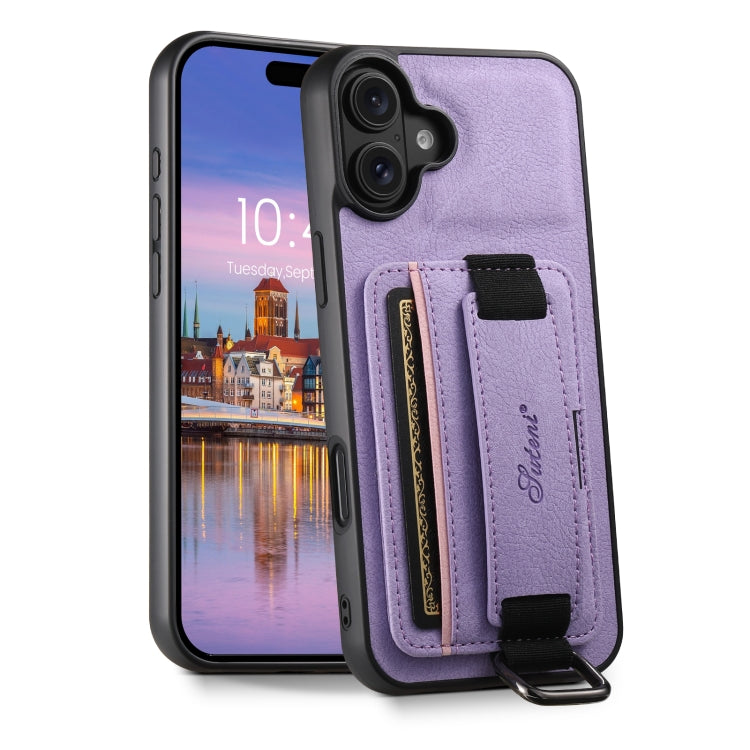 For iPhone 16 Suteni H13 Litchi Leather Wrist Strap Wallet Back Phone Case(Purple) - iPhone 16 Cases by Suteni | Online Shopping South Africa | PMC Jewellery | Buy Now Pay Later Mobicred