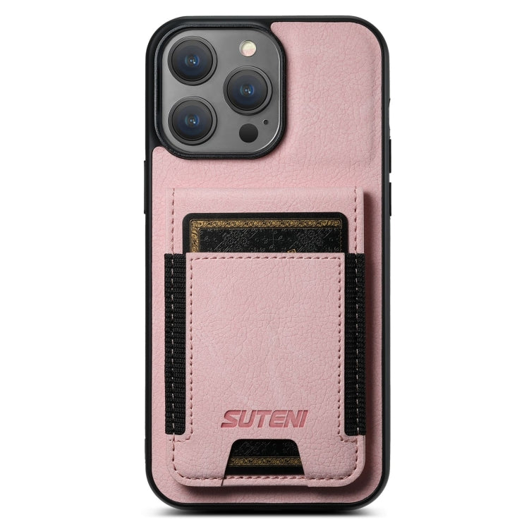 For iPhone 16 Pro Suteni H03 Litchi Leather Card Bag Stand Back Phone Case(Pink) - iPhone 16 Pro Cases by Suteni | Online Shopping South Africa | PMC Jewellery | Buy Now Pay Later Mobicred