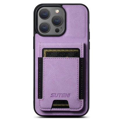 For iPhone 16 Pro Suteni H03 Litchi Leather Card Bag Stand Back Phone Case(Purple) - iPhone 16 Pro Cases by Suteni | Online Shopping South Africa | PMC Jewellery | Buy Now Pay Later Mobicred