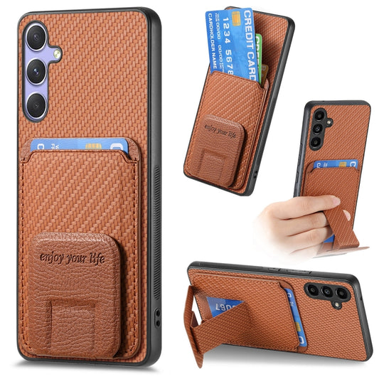 For Samsung Galaxy S25 5G Carbon Fiber Card Bag Fold Stand Phone Case(Brown) -  by PMC Jewellery | Online Shopping South Africa | PMC Jewellery | Buy Now Pay Later Mobicred