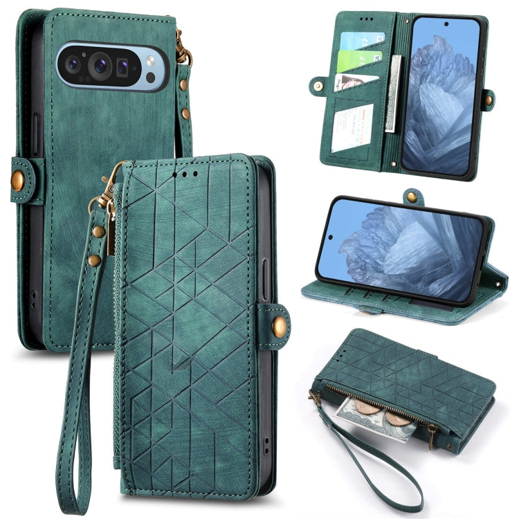 For Google Pixel 9 Geometric Zipper Wallet Side Buckle Leather Phone Case(Green) - Google Cases by PMC Jewellery | Online Shopping South Africa | PMC Jewellery | Buy Now Pay Later Mobicred