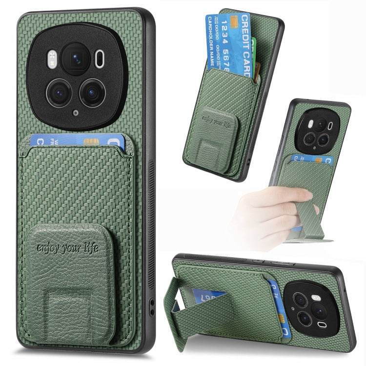 For Honor Magic6 Pro Carbon Fiber Card Bag Fold Stand Phone Case(Green) - Honor Cases by PMC Jewellery | Online Shopping South Africa | PMC Jewellery | Buy Now Pay Later Mobicred