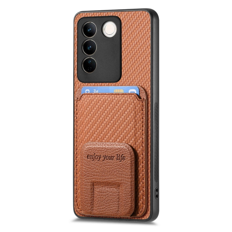 For vivo iQOO 12 Pro Carbon Fiber Card Bag Fold Stand Phone Case(Brown) - iQOO 12 Pro Cases by PMC Jewellery | Online Shopping South Africa | PMC Jewellery