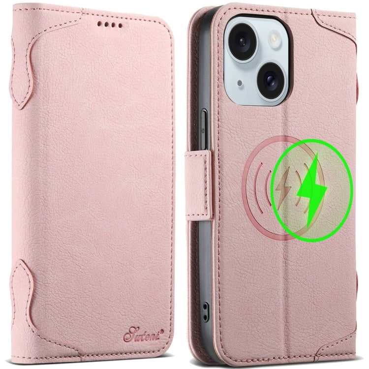 For iPhone 15 SUTENI J07 Multifunctional Horizontal Flip Magsafe Leather Phone Case(Pink) - iPhone 15 Cases by Suteni | Online Shopping South Africa | PMC Jewellery | Buy Now Pay Later Mobicred