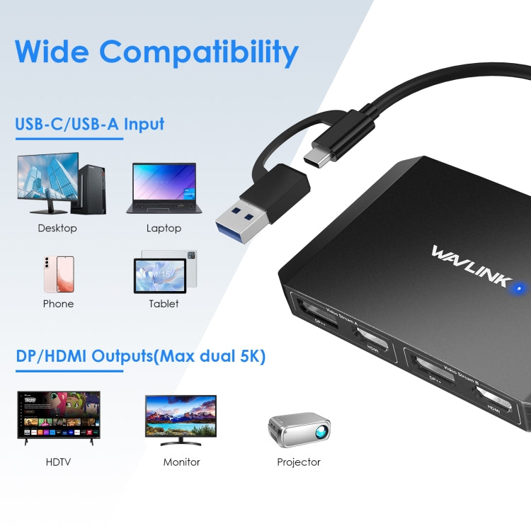 WAVLINK WL-UG69DH2 Dual Monitor USB+Type-C to Dual 4K HD DisplayPort Adapter Splitter(Black) - free shipping - PMC Jewellery - Order now!