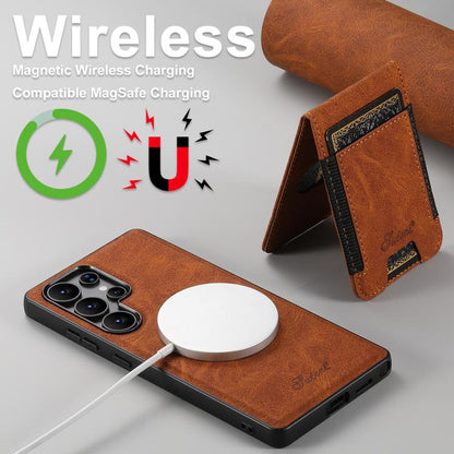 For Samsung Galaxy S25 5G Suteni H17 Litchi Texture Leather MagSafe Detachable Wallet Phone Case(Khaki) - Galaxy S25 5G Cases by Suteni | Online Shopping South Africa | PMC Jewellery | Buy Now Pay Later Mobicred