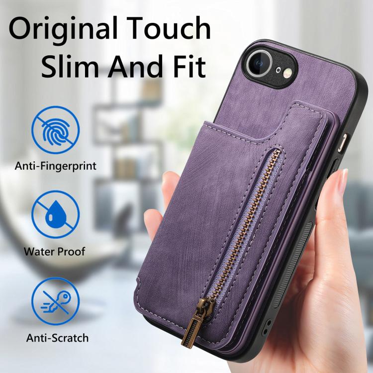 For iPhone 16e Retro Leather Zipper Wallet Back Phone Case(Purple) - iPhone 16e Cases by PMC TechLife | Online Shopping South Africa | PMC TechLife | Buy Now Pay Later Mobicred