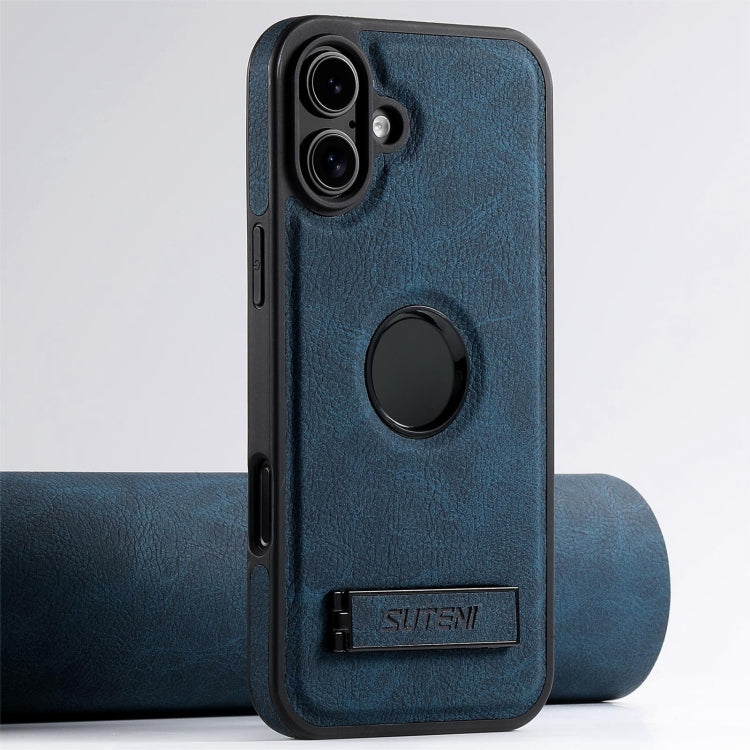 For iPhone 16 Plus Suteni G2 Magsafe Litchi Texture Leather Back Phone Case with Holder(Blue) - iPhone 16 Plus Cases by Suteni | Online Shopping South Africa | PMC Jewellery | Buy Now Pay Later Mobicred