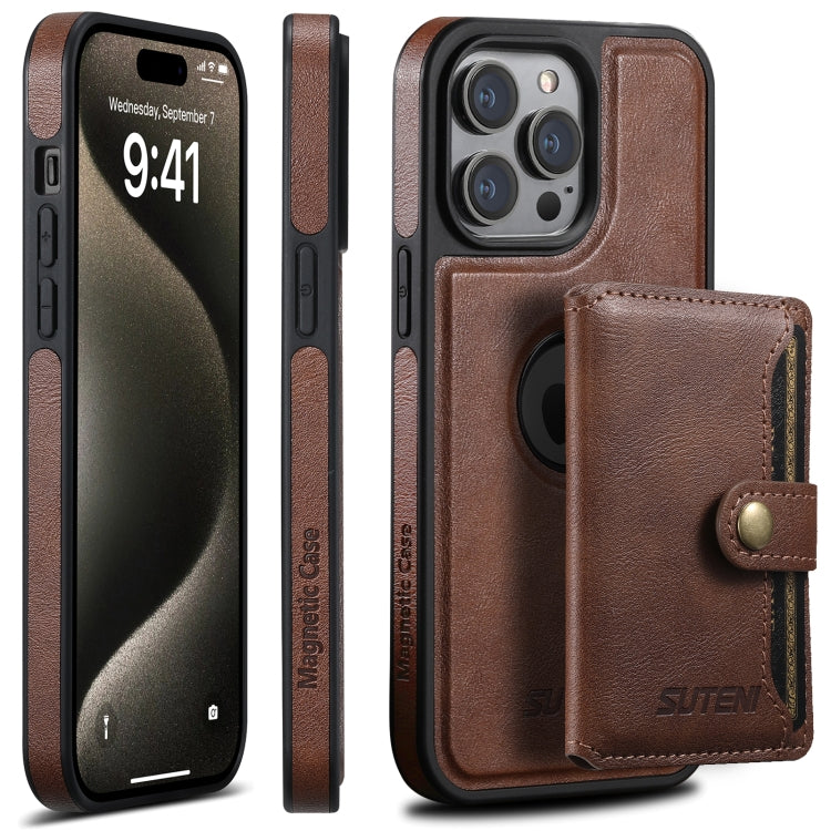 For iPhone 15 Pro Suteni M1 Oil Wax MagSafe Detachable Horizontal Card Bag Phone Case(Brown) - iPhone 15 Pro Cases by Suteni | Online Shopping South Africa | PMC Jewellery | Buy Now Pay Later Mobicred